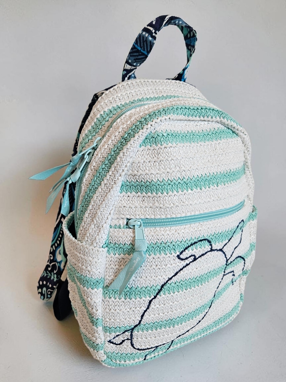 Vera Bradley White & Aqua Striped Crochet Mini Backpack with Turtle Motif